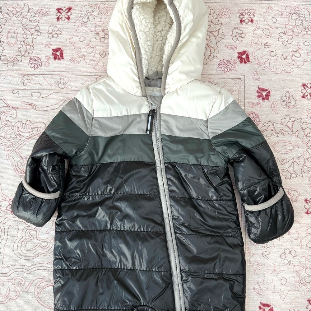 9 months Infants Snowsuit, Footed Black, White, Grey Accents. Vintage Look.
